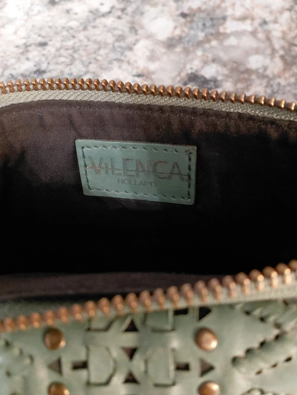 Vilenca Holland Sage Green Leather Zip Wallet with Decorative Studs